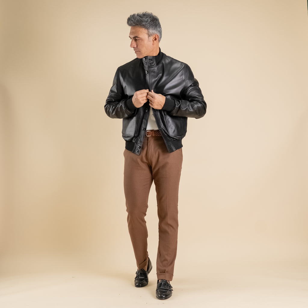 Genuine Leather Button Bomber Jacket - Black