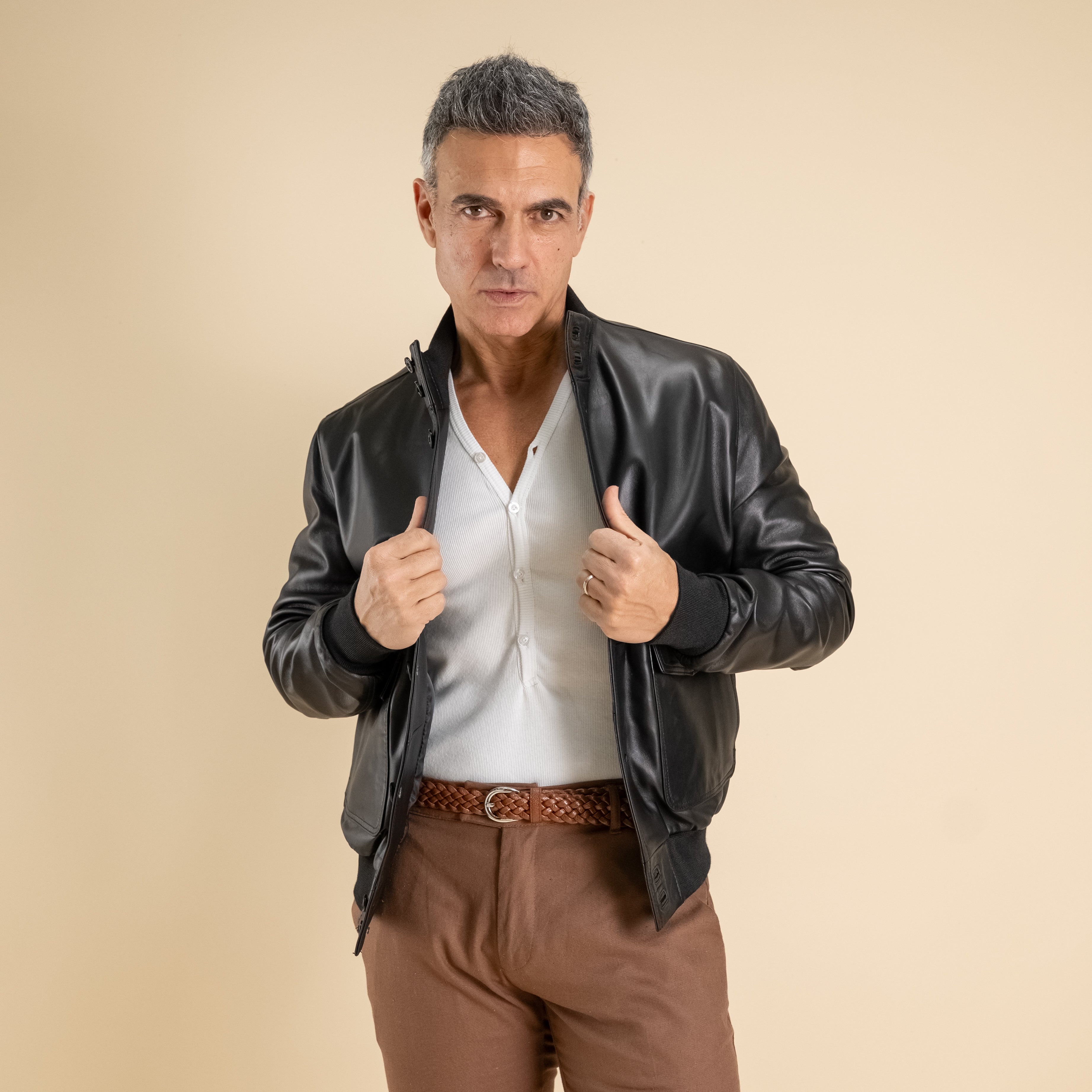 Bomber con bottoni in Vera Pelle - Nero