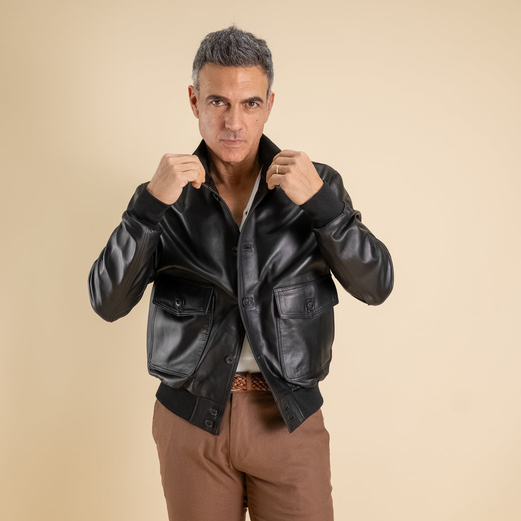 Genuine Leather Button Bomber Jacket - Black