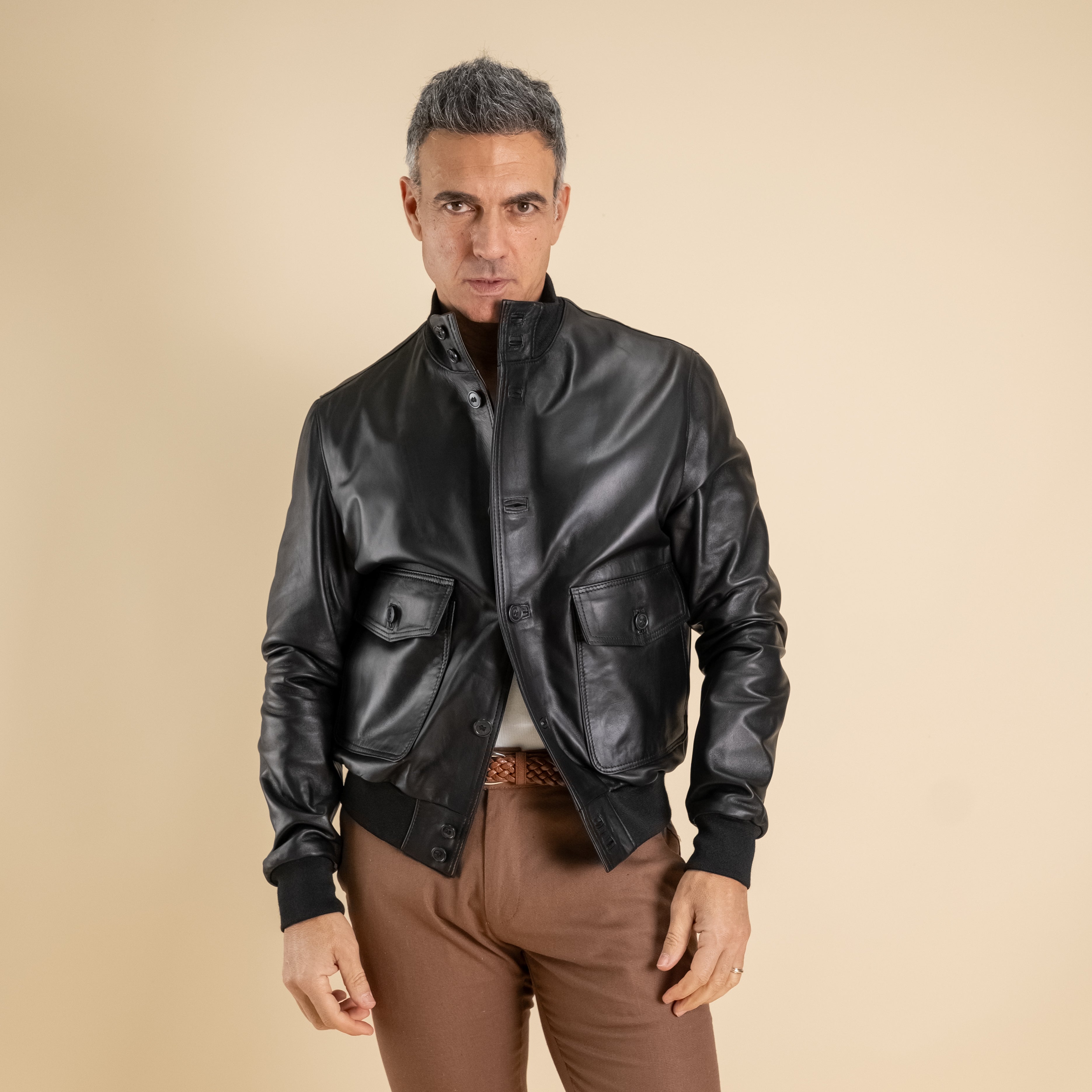 Bomber con bottoni in Vera Pelle - Nero