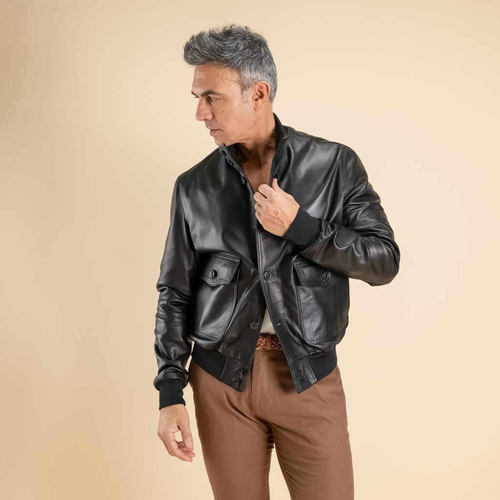 Genuine Leather Button Bomber Jacket - Black