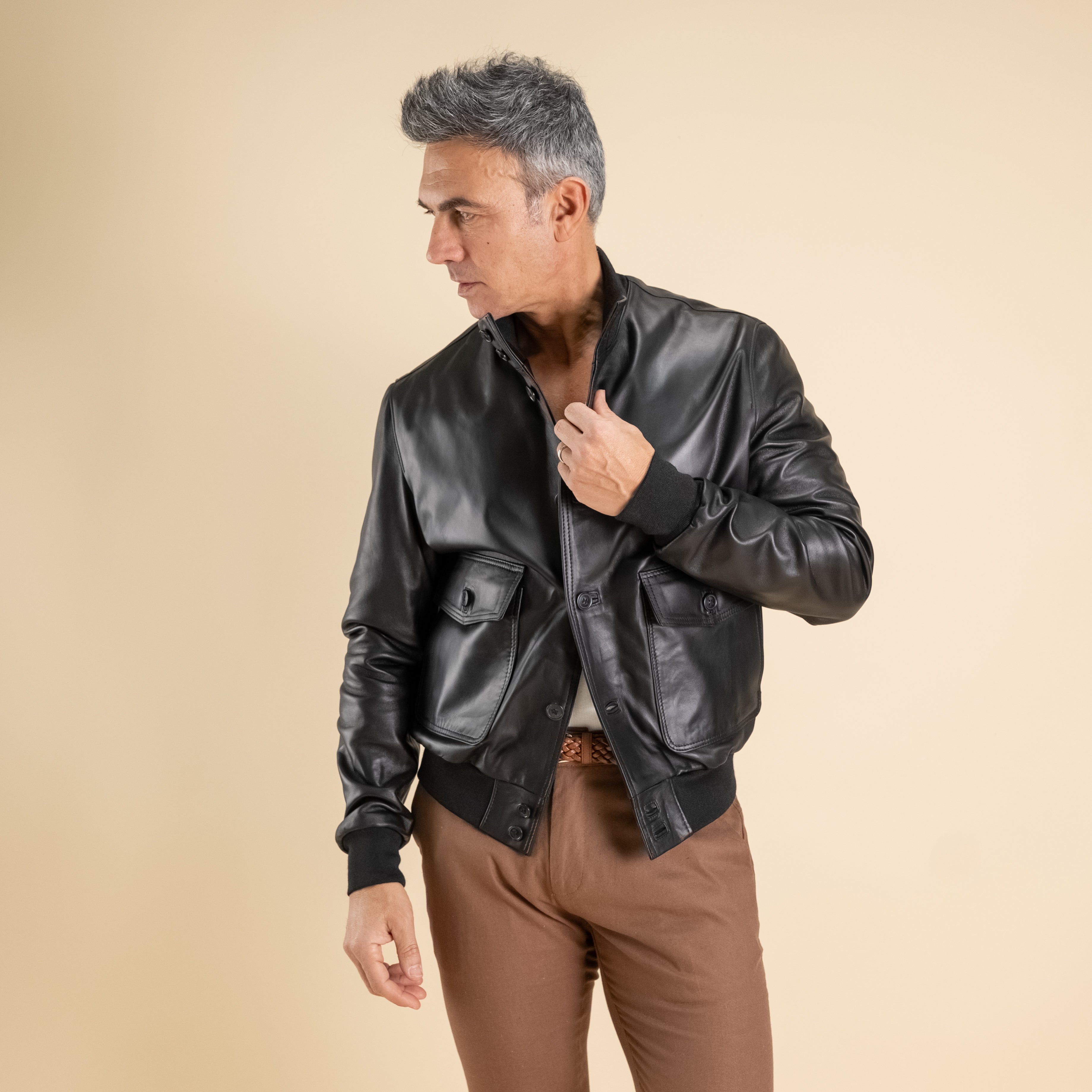Genuine Leather Button Bomber Jacket - Black