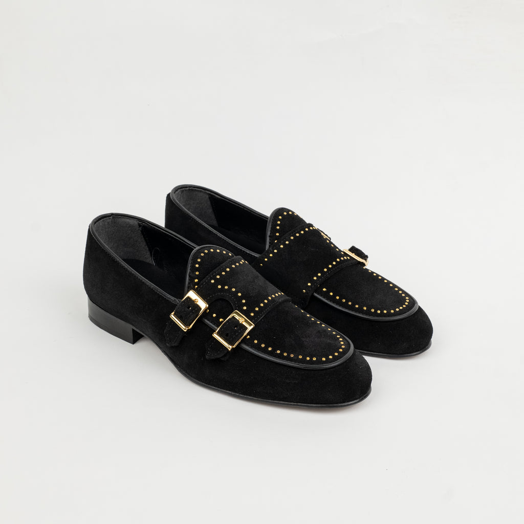 Suede Double Buckle Loafer with Studs - Black