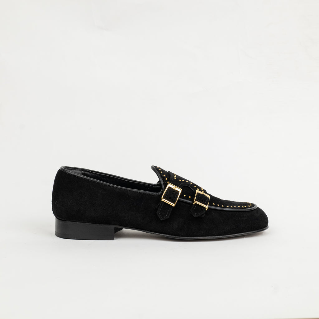 Suede Double Buckle Loafer with Studs - Black