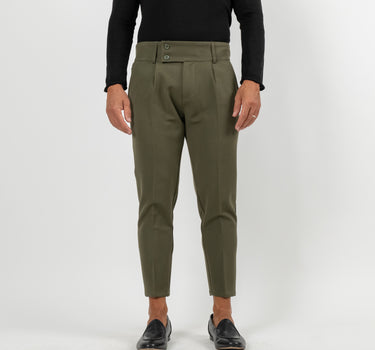 Pantalone con Fascia a Vita Alta e Doppio Bottone - Verde Militare