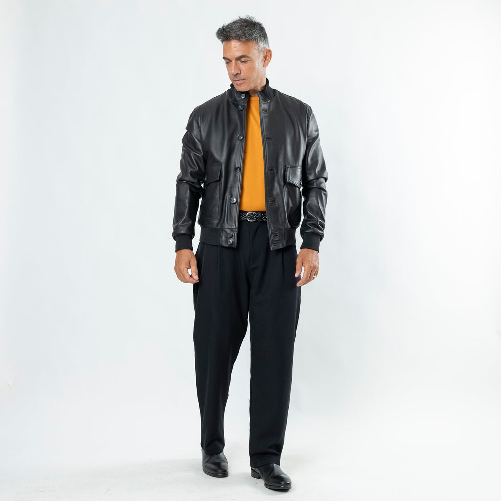 Genuine Leather Button Bomber Jacket - Black