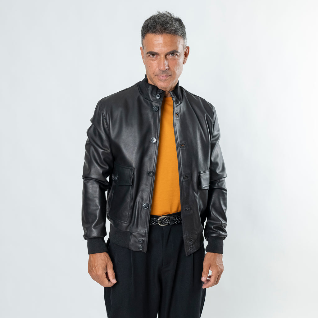 Genuine Leather Button Bomber Jacket - Black