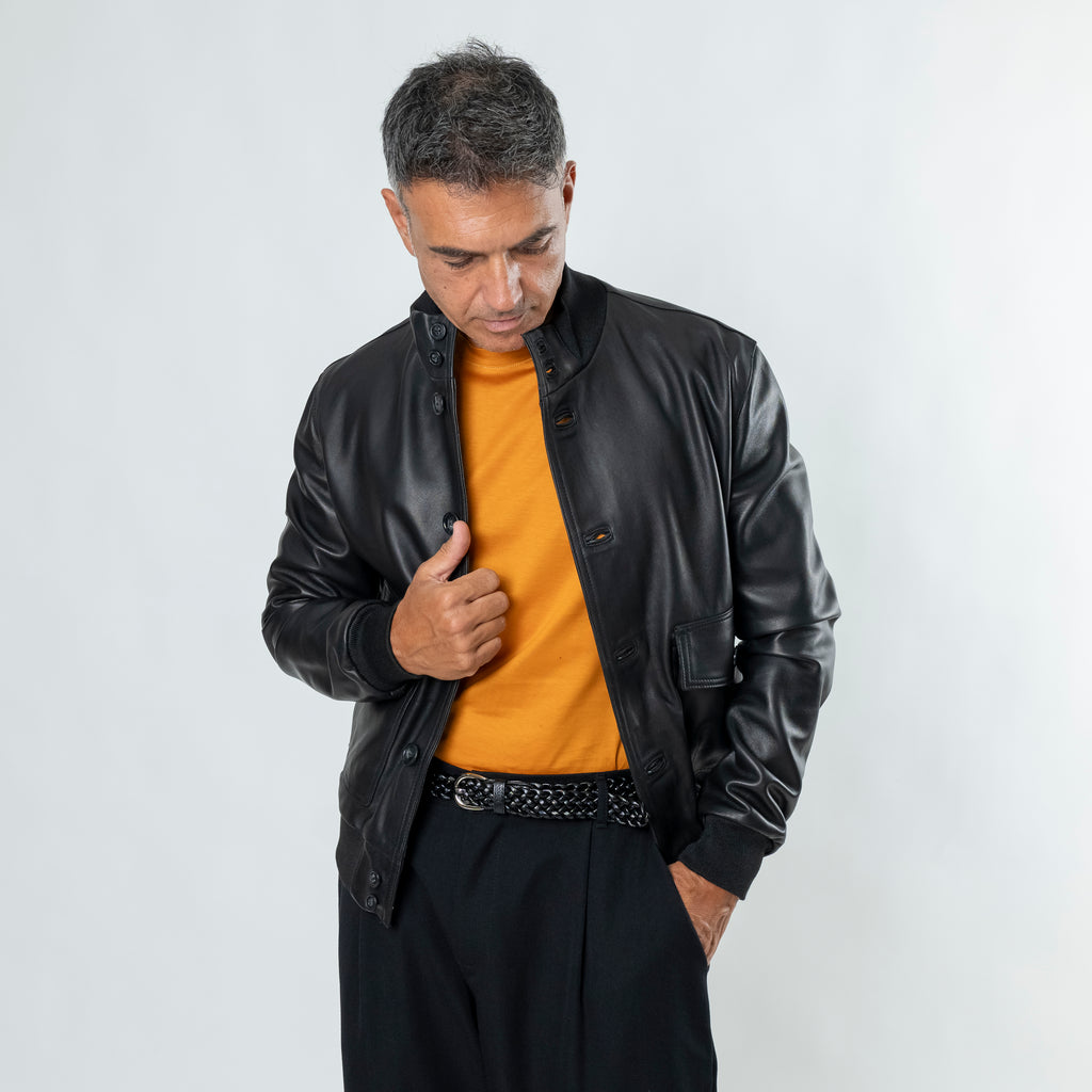 Genuine Leather Button Bomber Jacket - Black