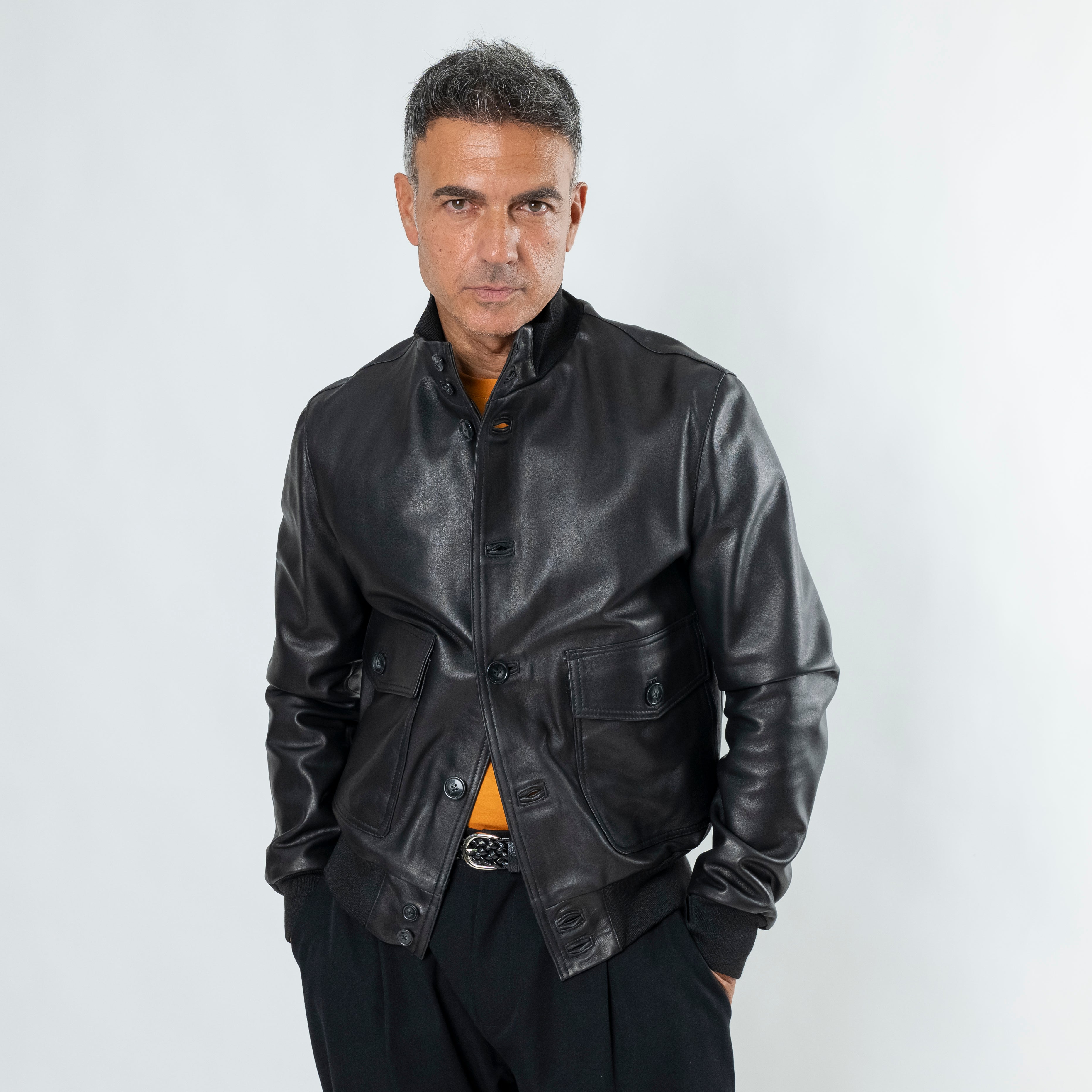 Genuine Leather Button Bomber Jacket - Black