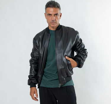 Bomber con manica drappeggiata in Vera Pelle - Nero