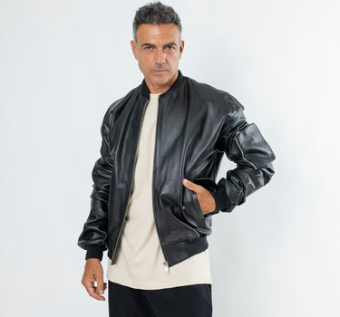 Bomber con taschino in Vera Pelle - Nero