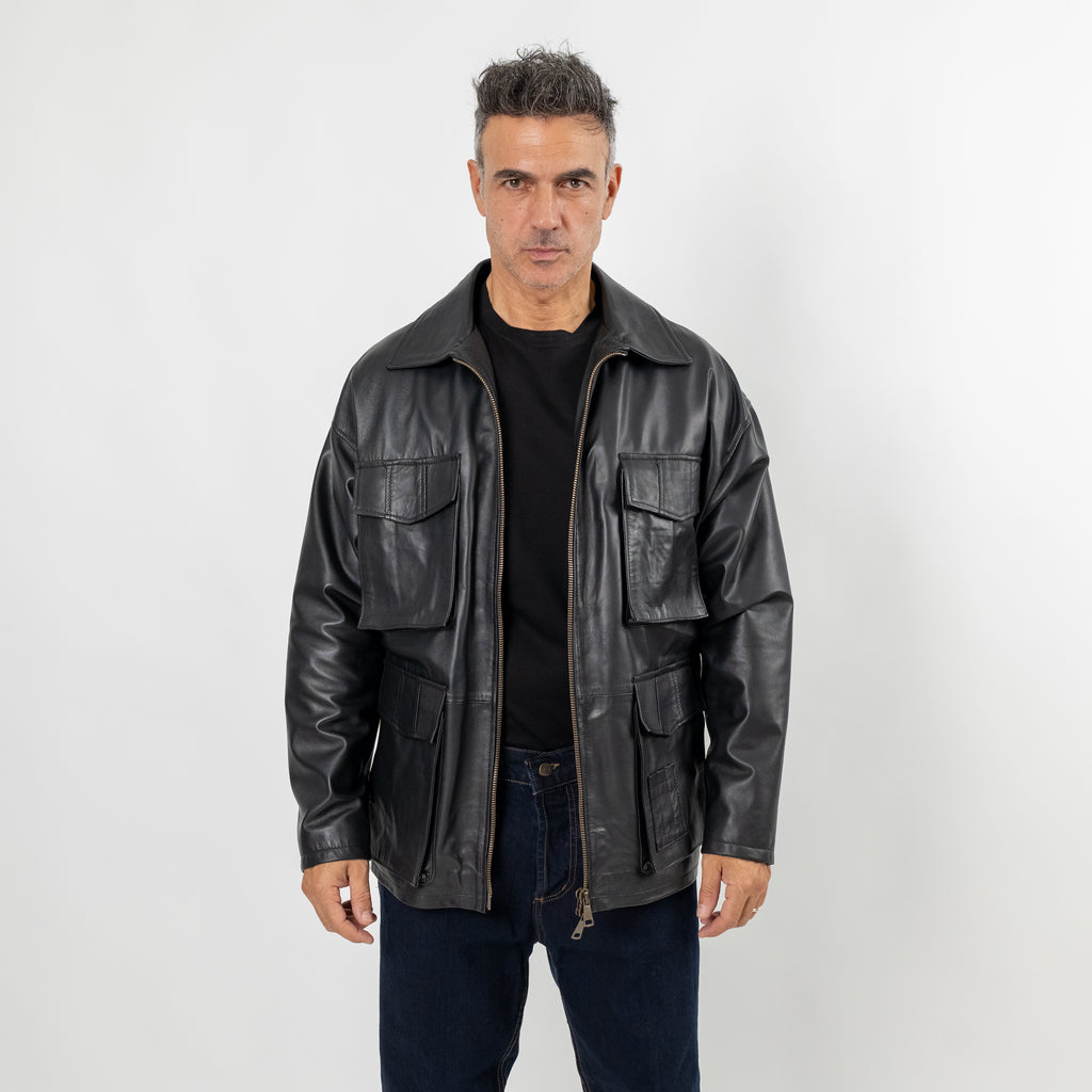 Giacca multi tasche in vera pelle (OVERSIZE) - Nero