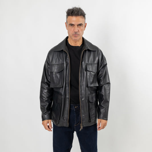 Giacca multi tasche in vera pelle (OVERSIZE) - Nero