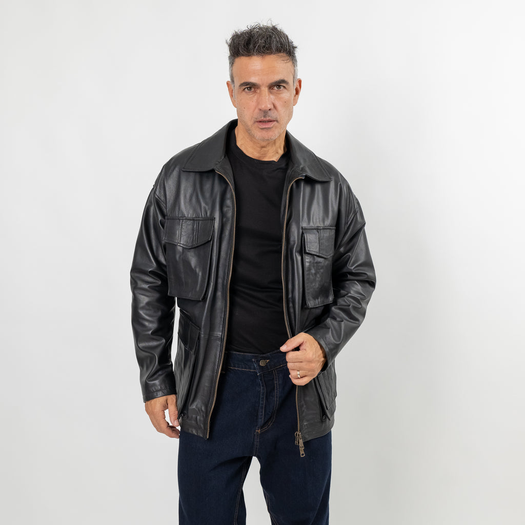 Giacca multi tasche in vera pelle (OVERSIZE) - Nero