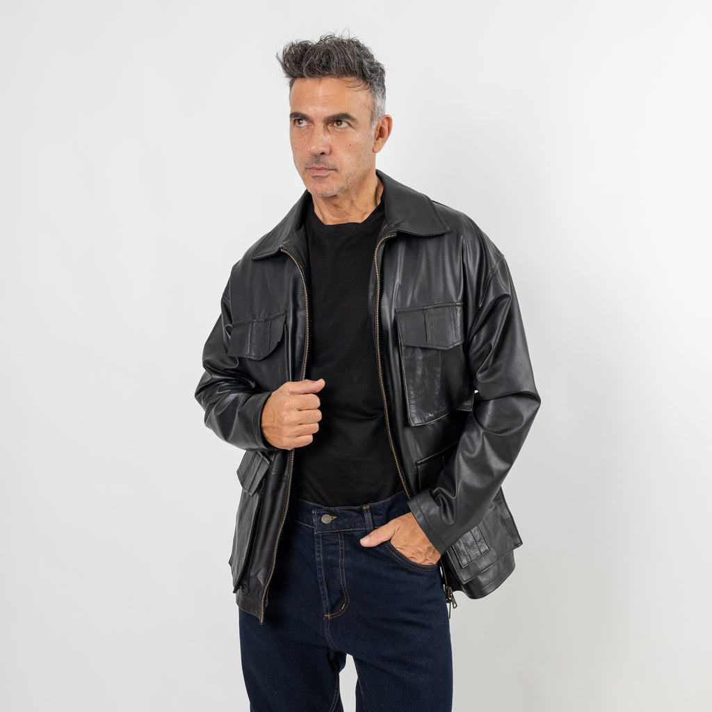 Giacca multi tasche in vera pelle (OVERSIZE) - Nero