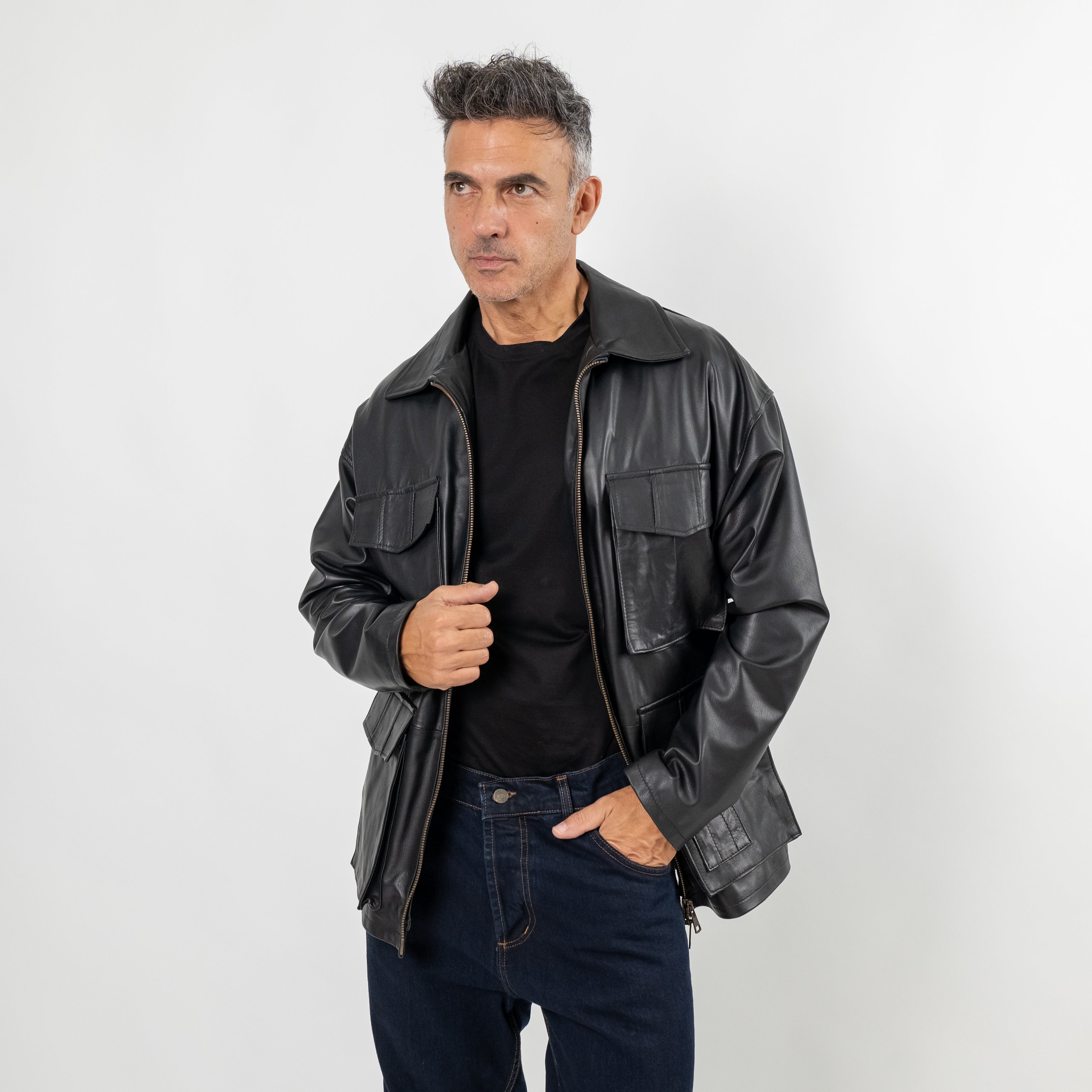 Giacca multi tasche in vera pelle (OVERSIZE) - Nero