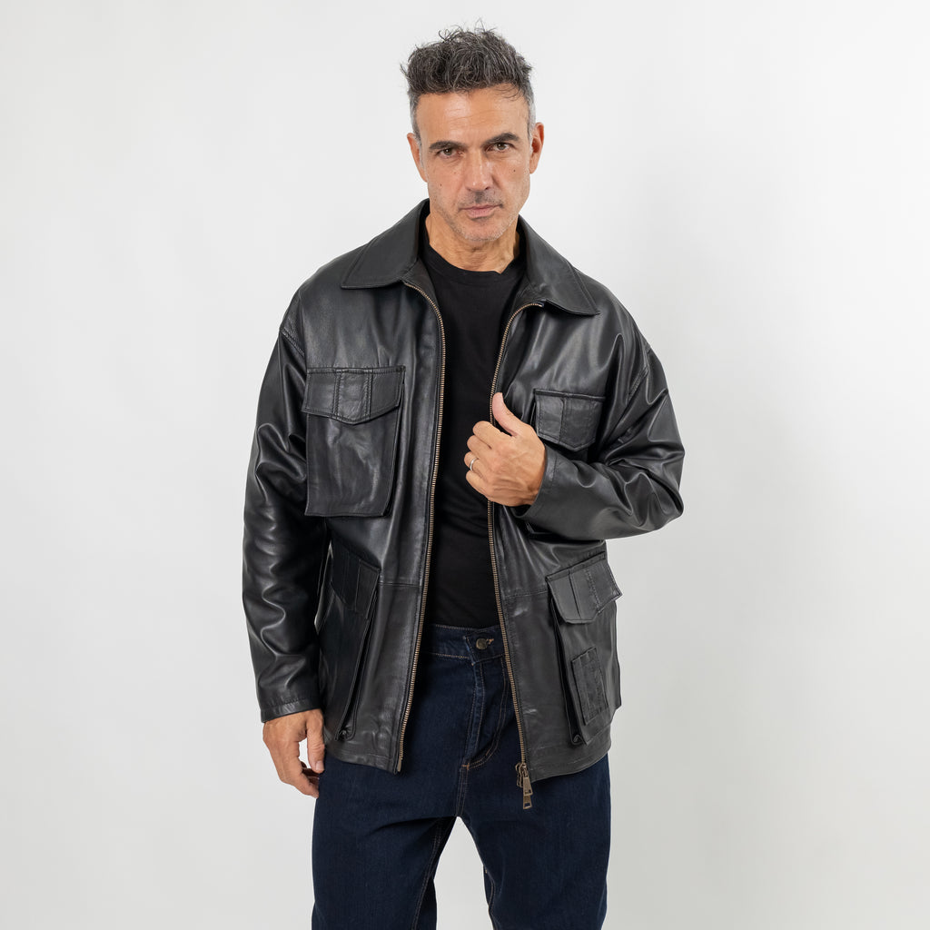 Giacca multi tasche in vera pelle (OVERSIZE) - Nero
