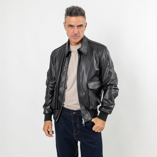 Giacca in vera pelle con colletto - Nero