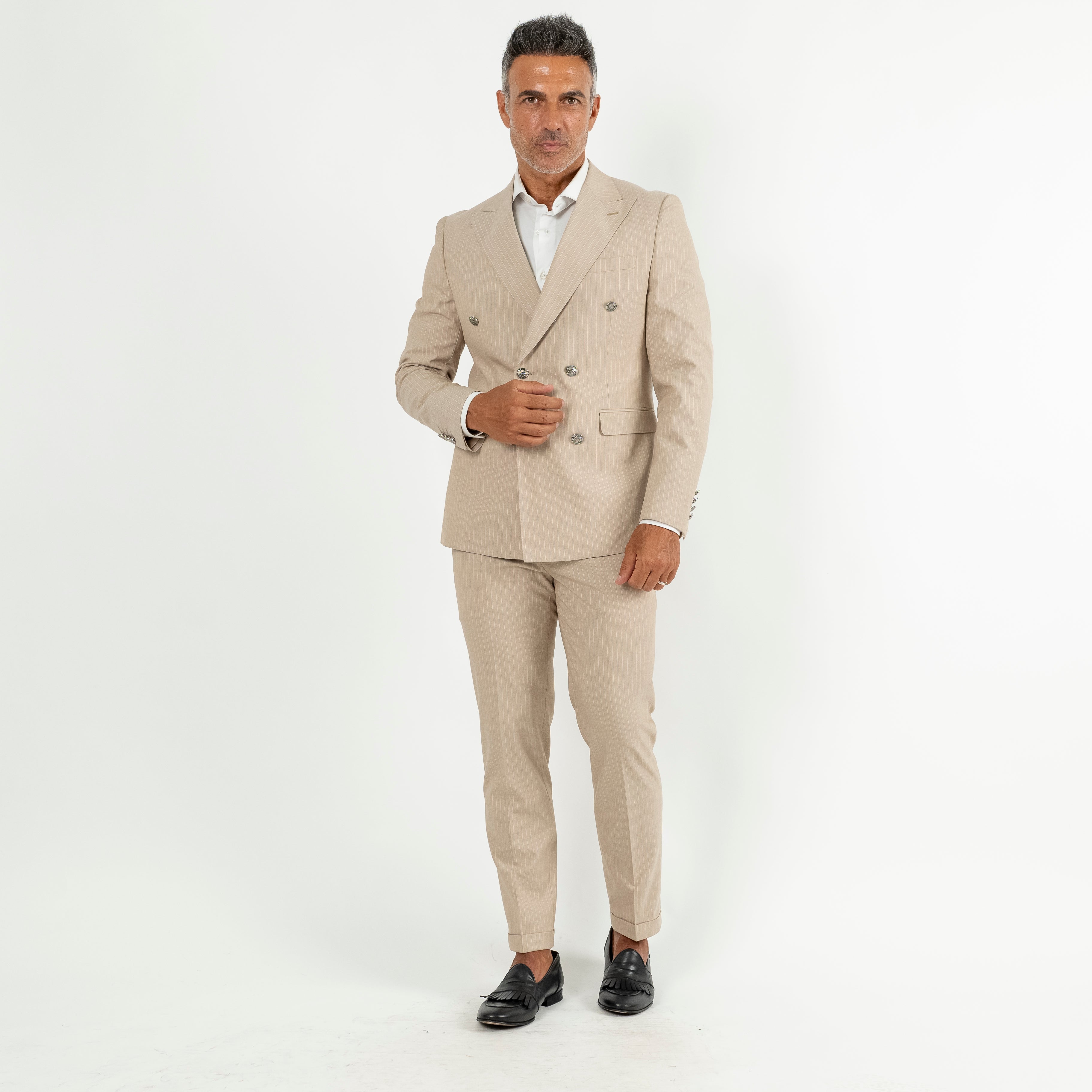 Abito gessato con bottoni argento - Beige