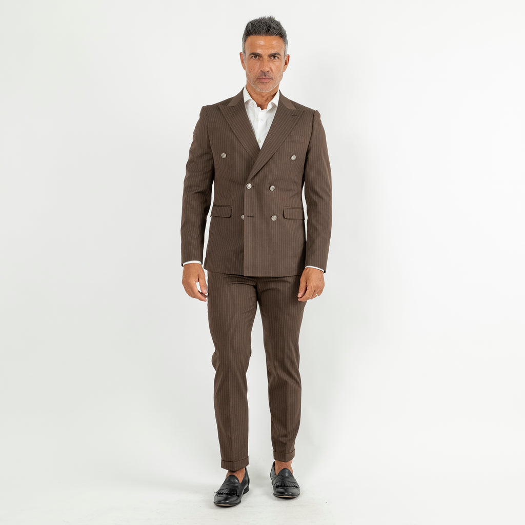 Pinstripe Suit with Silver Buttons - Brown