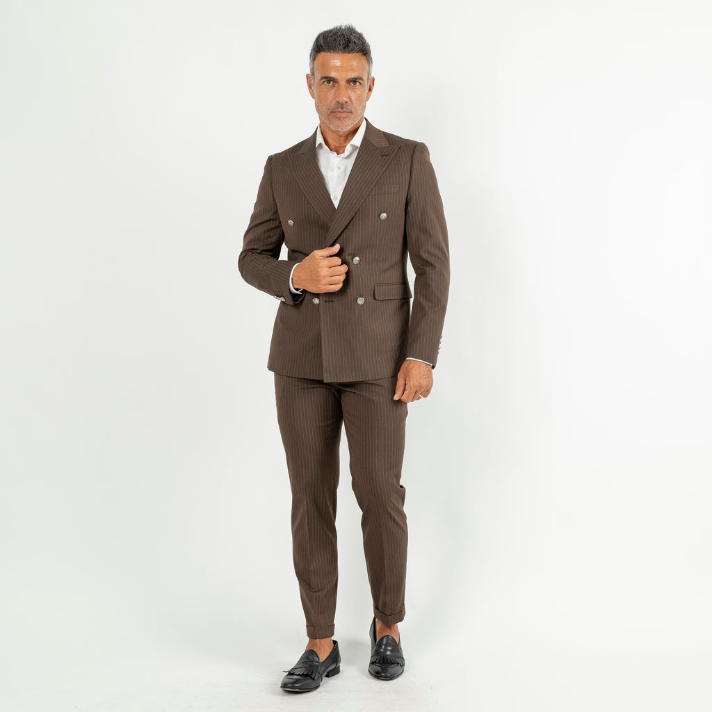 Pinstripe Suit with Silver Buttons - Brown