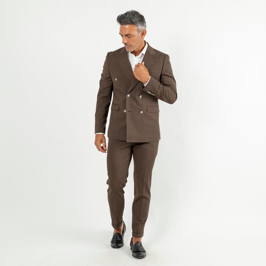 Pinstripe Suit with Silver Buttons - Brown