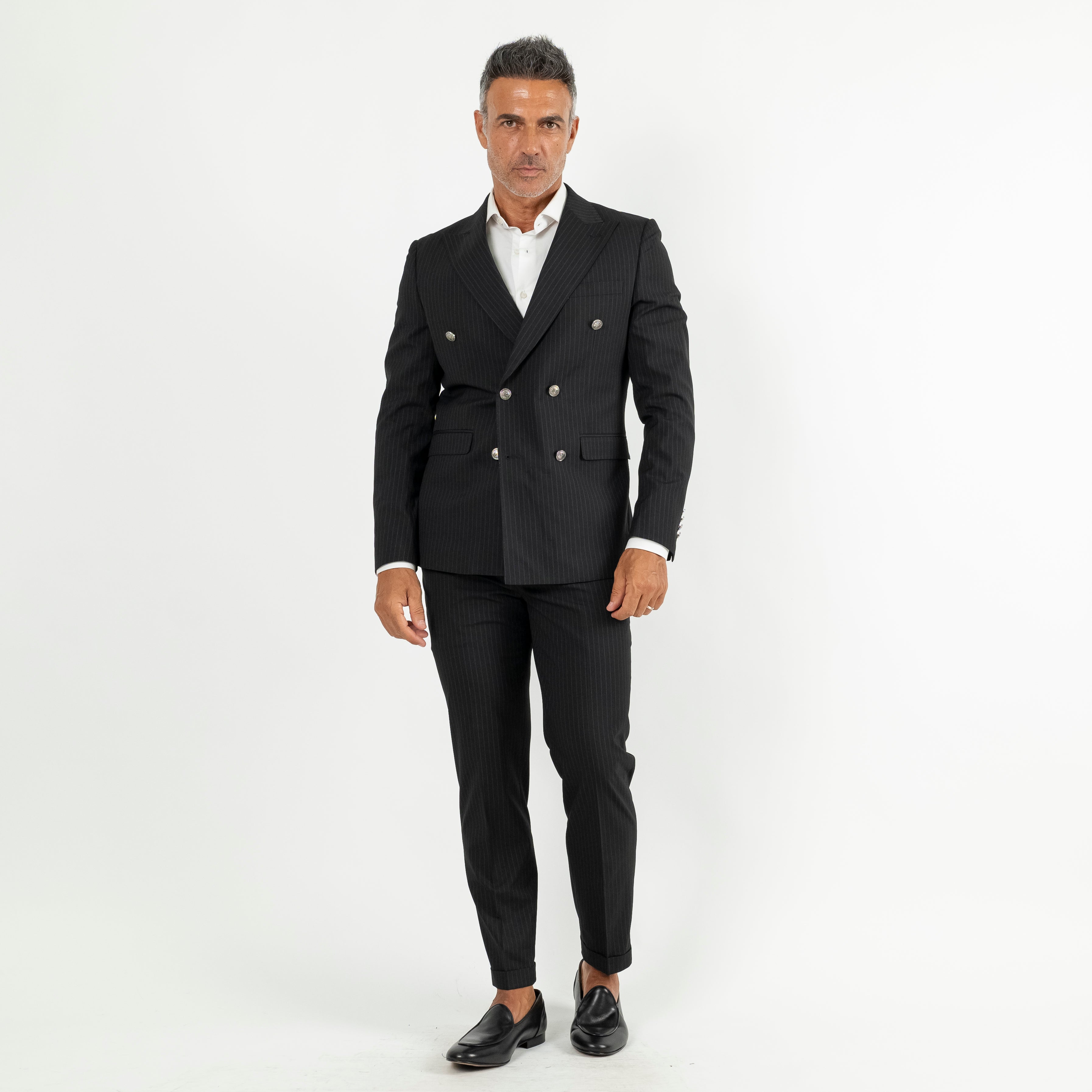 Traje de raya diplomática con botones plateados - Negro