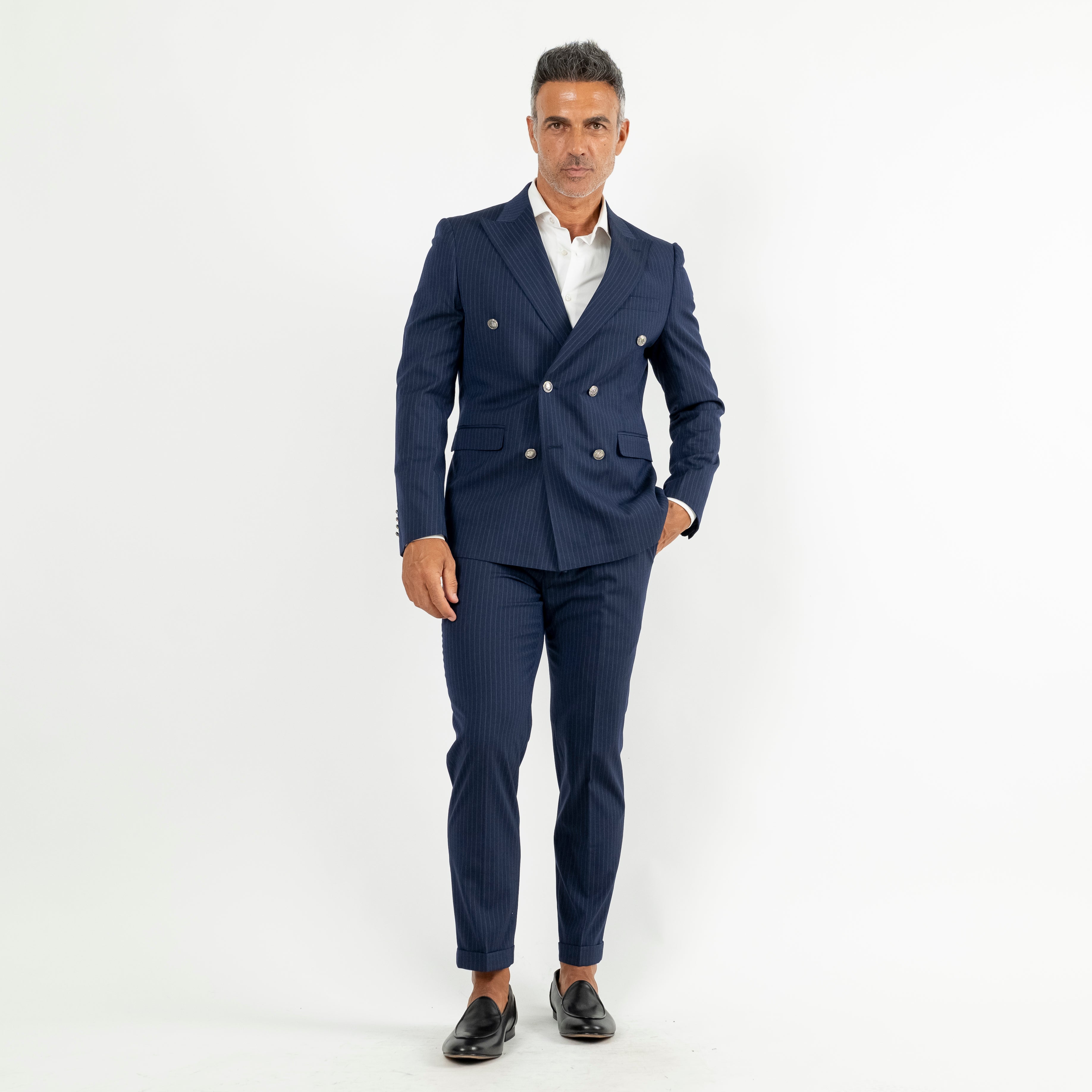 Abito gessato con bottoni argento - Blu Navy (Royal)