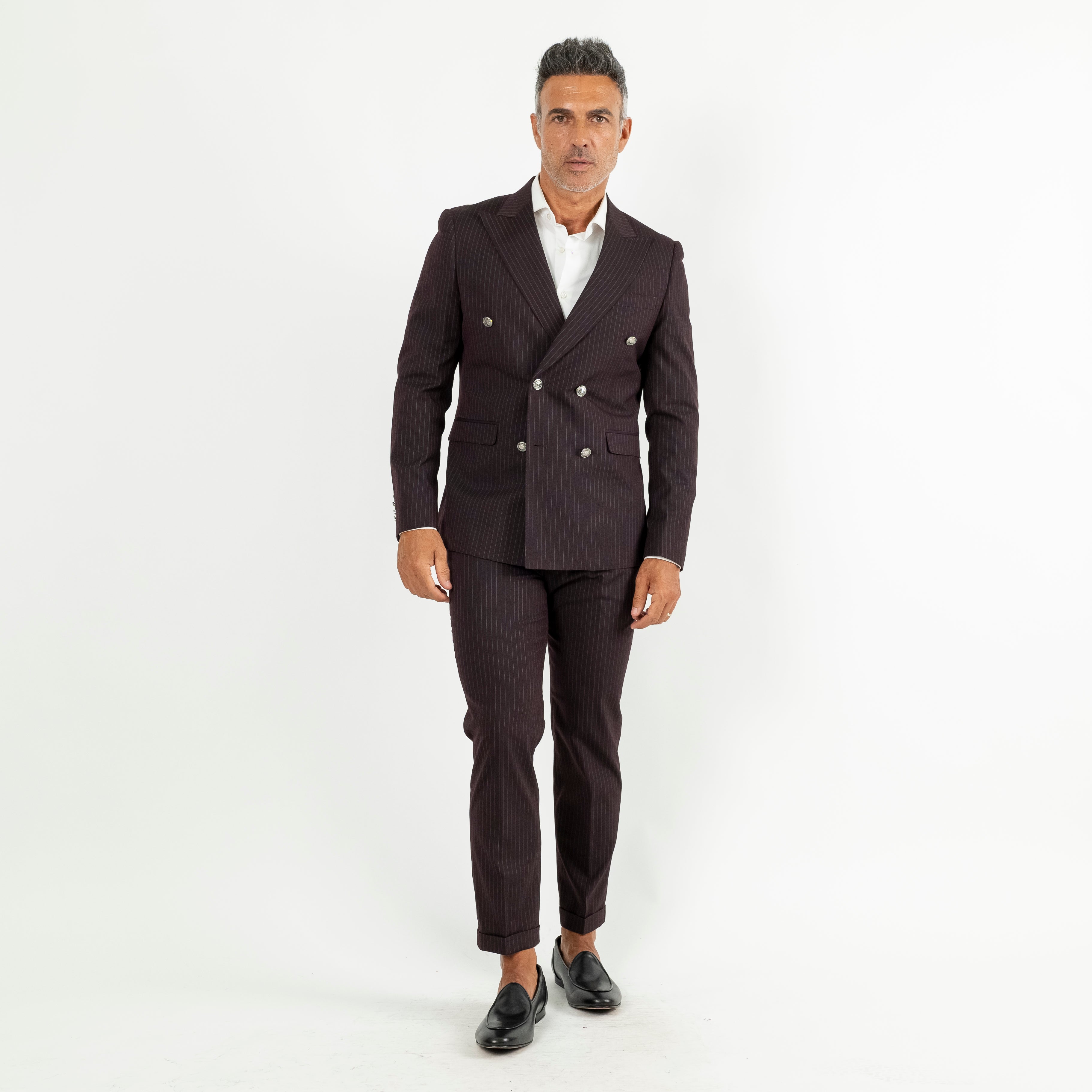 Traje de raya diplomática con botones plateados - Burdeos