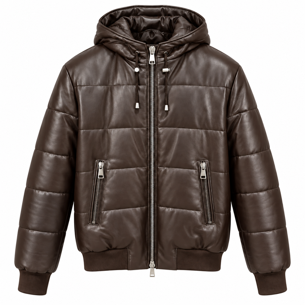 Gesteppte Echtlederjacke mit Kapuze - Dunkelbraun