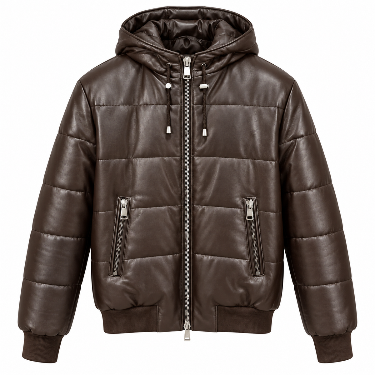 Gesteppte Echtlederjacke mit Kapuze - Dunkelbraun