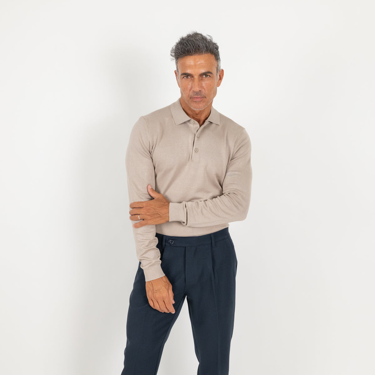 Polo in filo a manica lunga - Beige