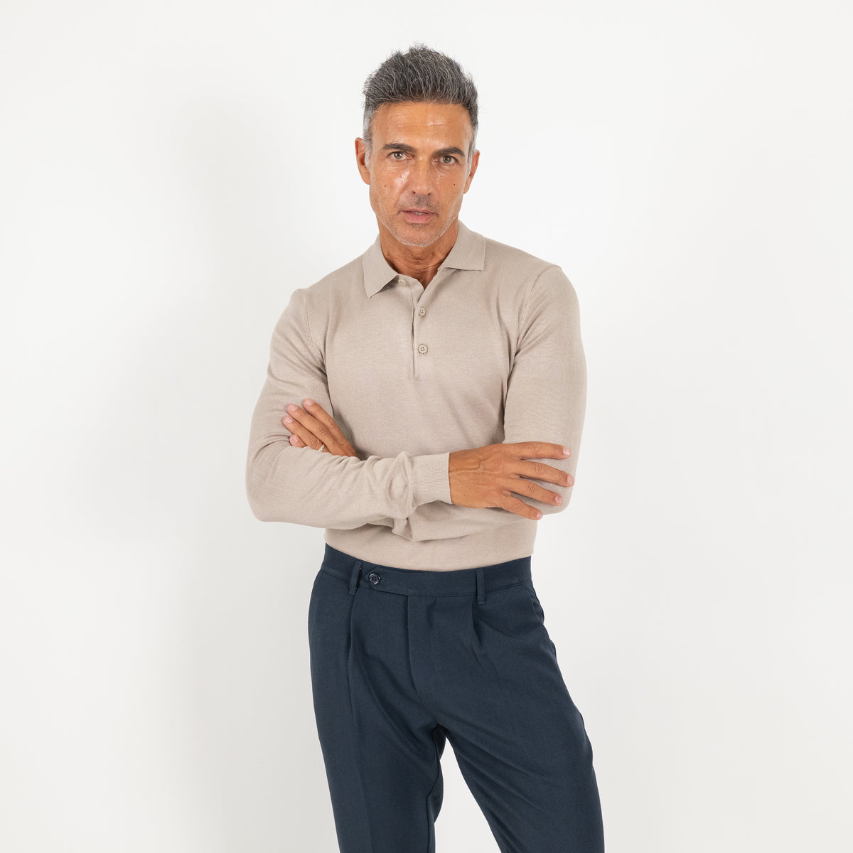 Polo in filo a manica lunga - Beige