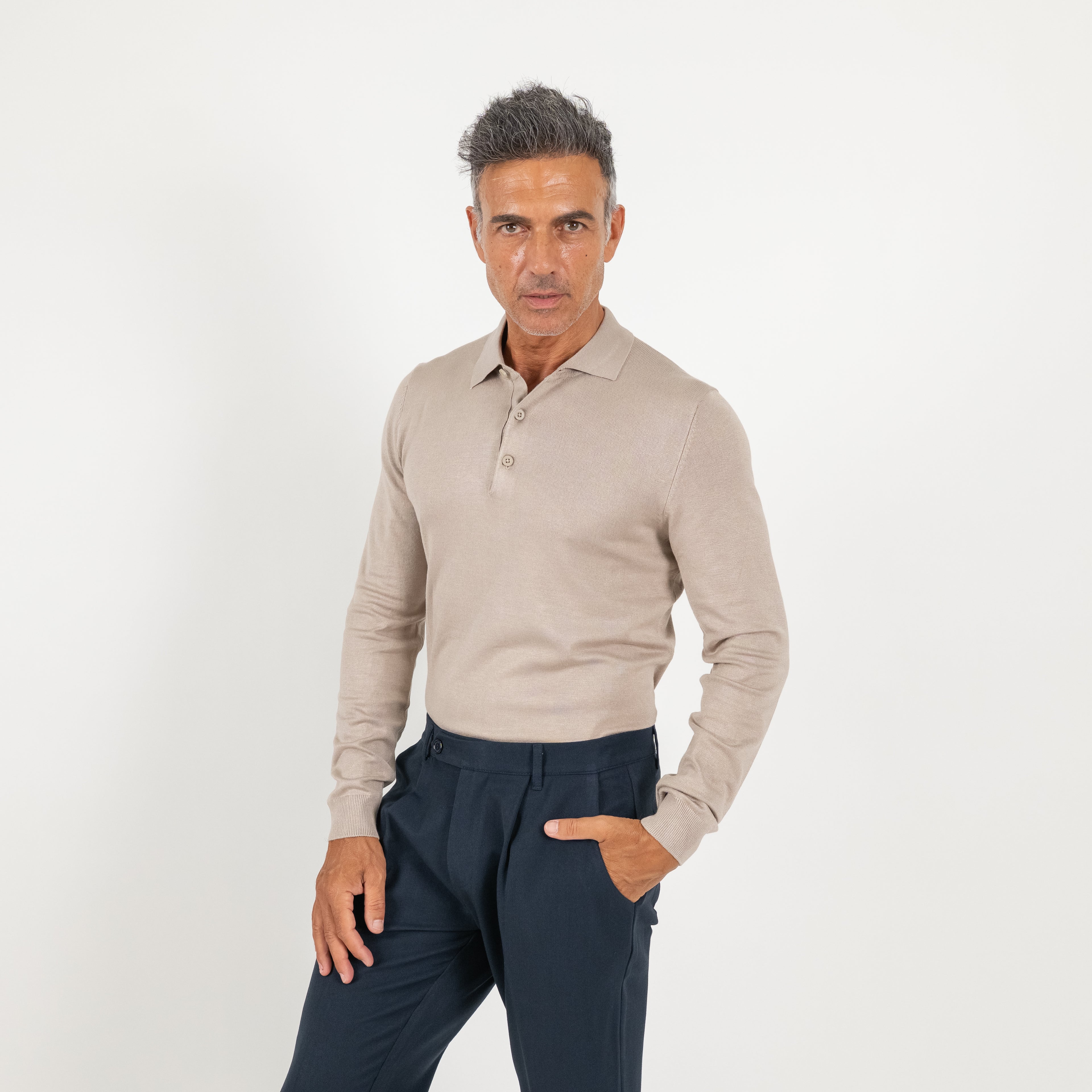 Polo in filo a manica lunga - Beige