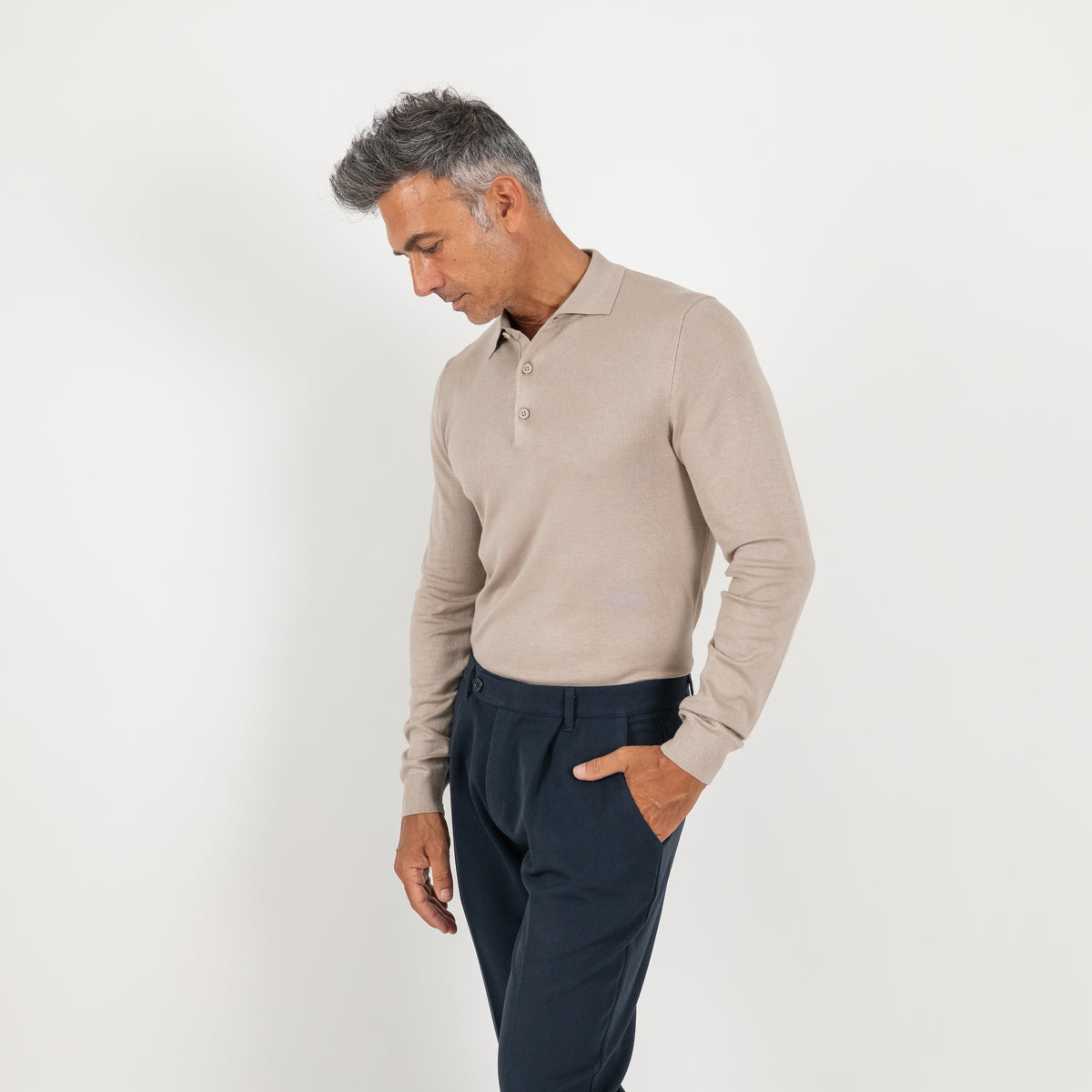 Polo in filo a manica lunga - Beige