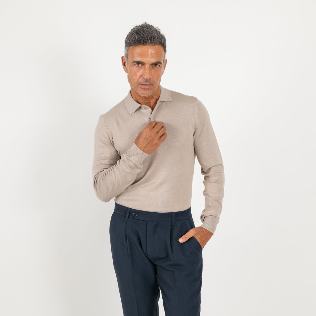 Polo in filo a manica lunga - Beige