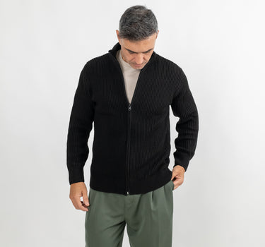 Cardigan a coste con chiusura a zip - Nero