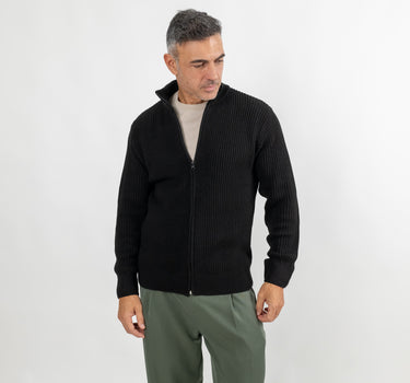 Cardigan a coste con chiusura a zip - Nero