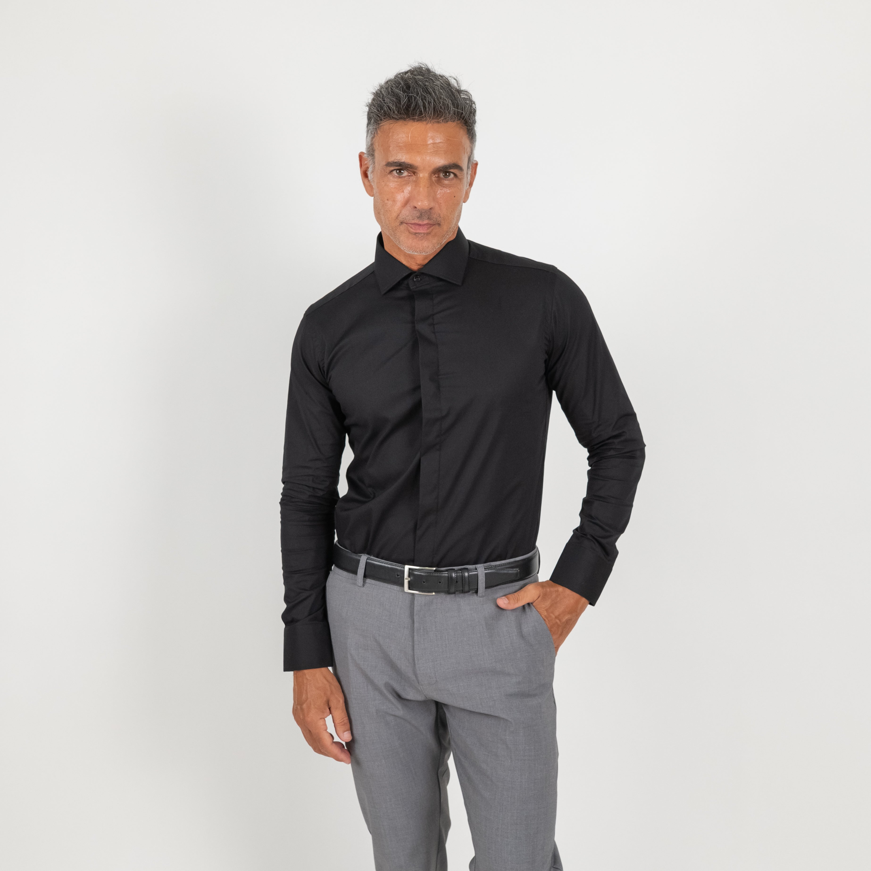 Camicia sartoriale con fintone coperto - Nero