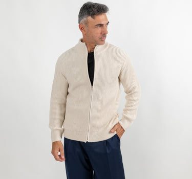 Cardigan a coste con chiusura a zip - Beige