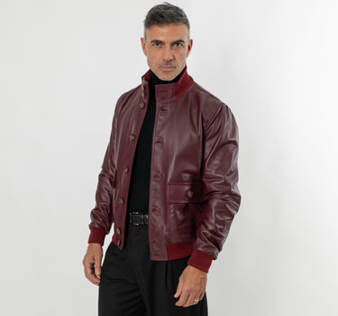 Bomber con bottoni in Vera Pelle - Bordeaux