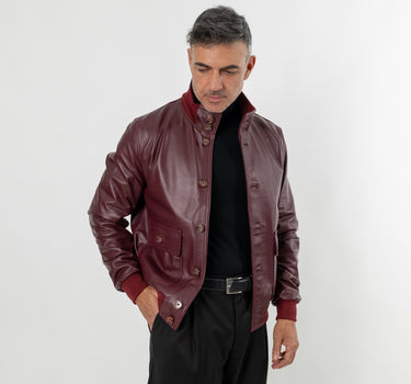 Bomber con bottoni in Vera Pelle - Bordeaux