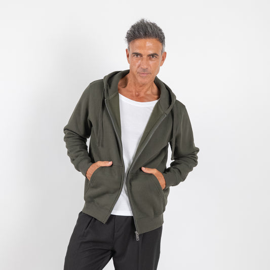 Felpa chiusura zip con cappuccio - Verde Militare