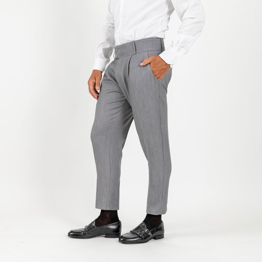 Pantalone con Fascia a Vita Alta e Doppio Bottone - Grigio