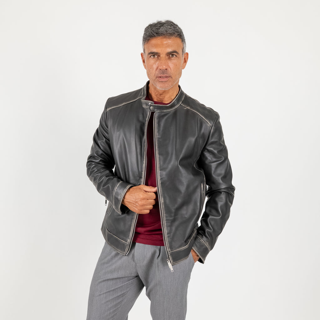 Giacca biker effetto vintage in Vera Pelle - Nero