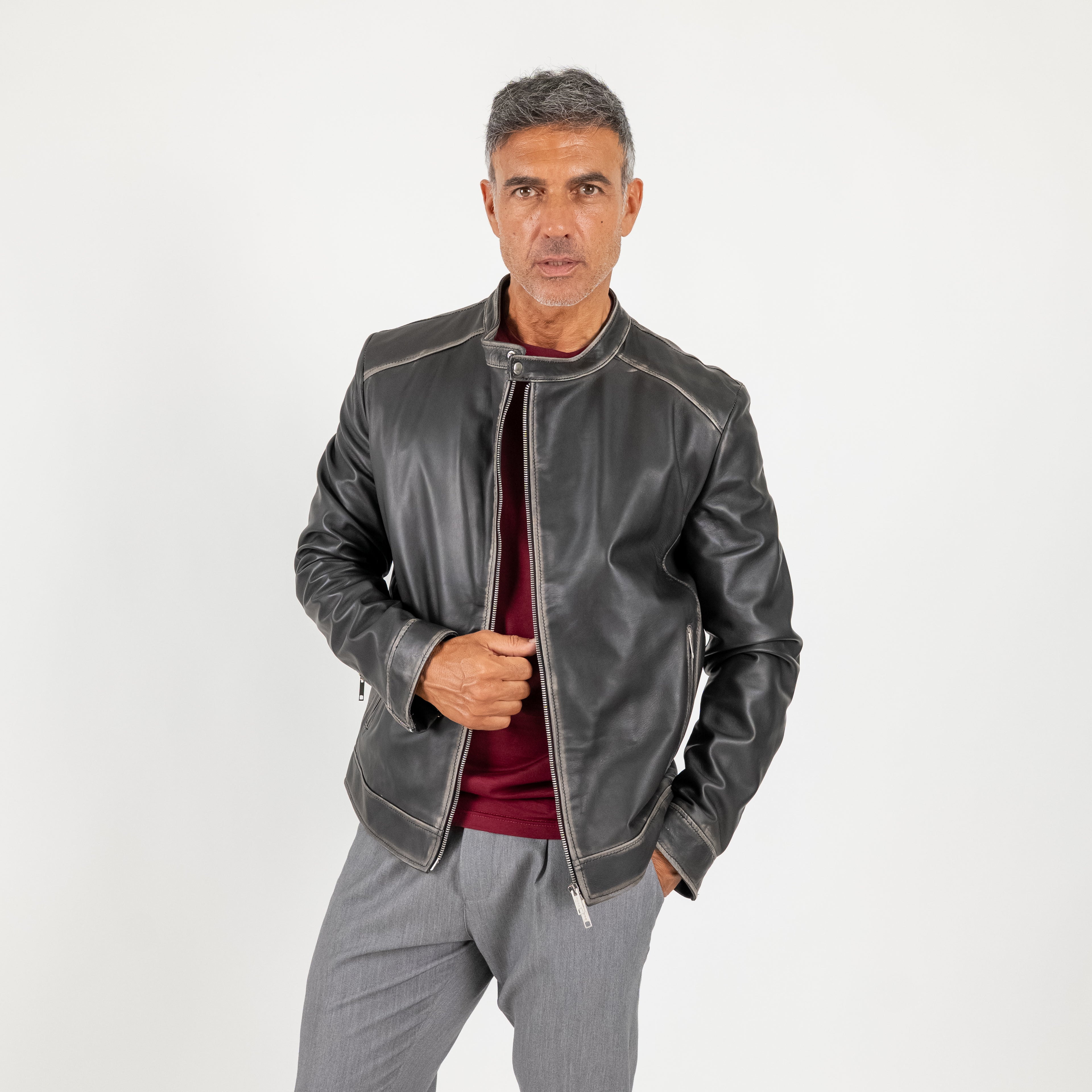 Giacca biker effetto vintage in Vera Pelle - Nero