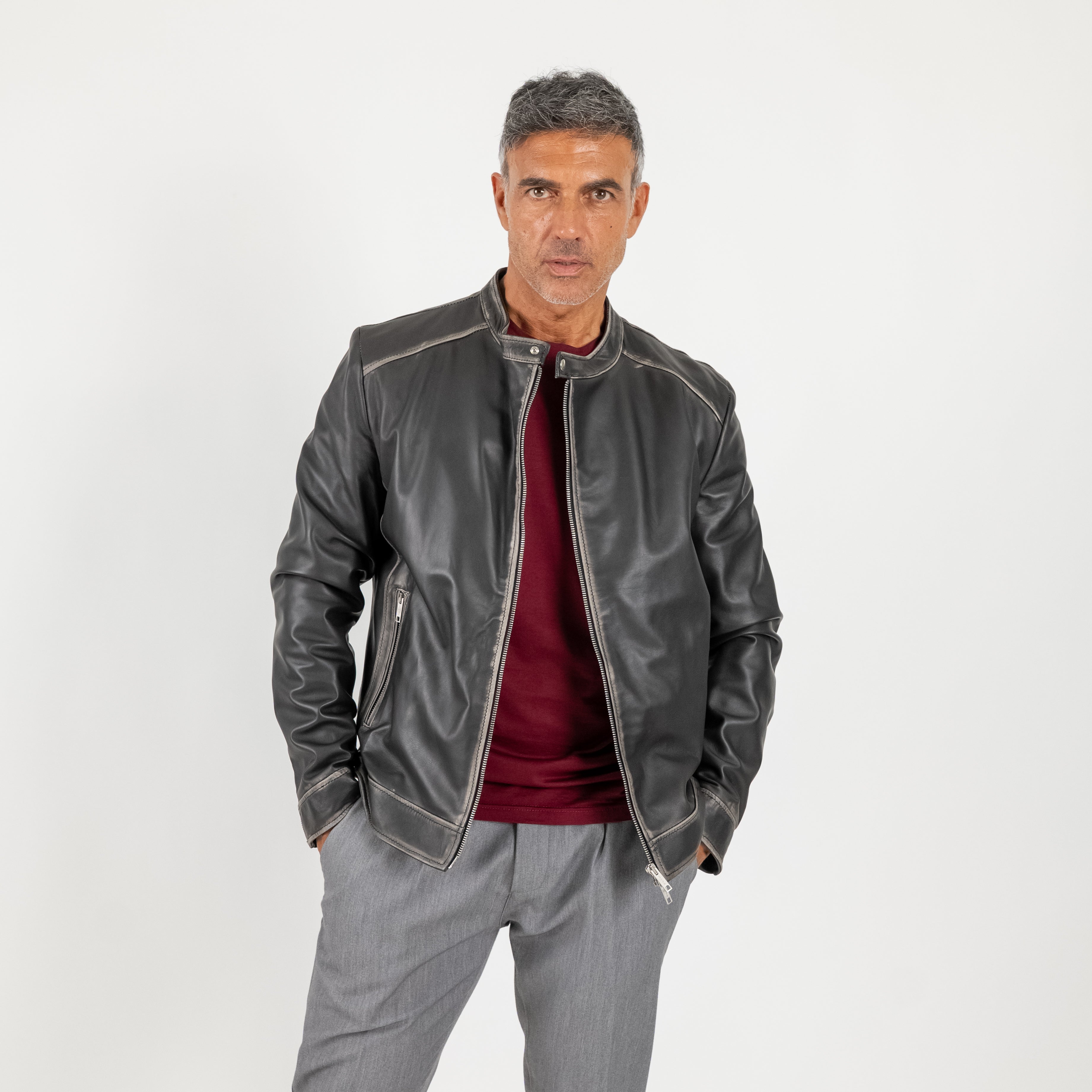 Giacca biker effetto vintage in Vera Pelle - Nero