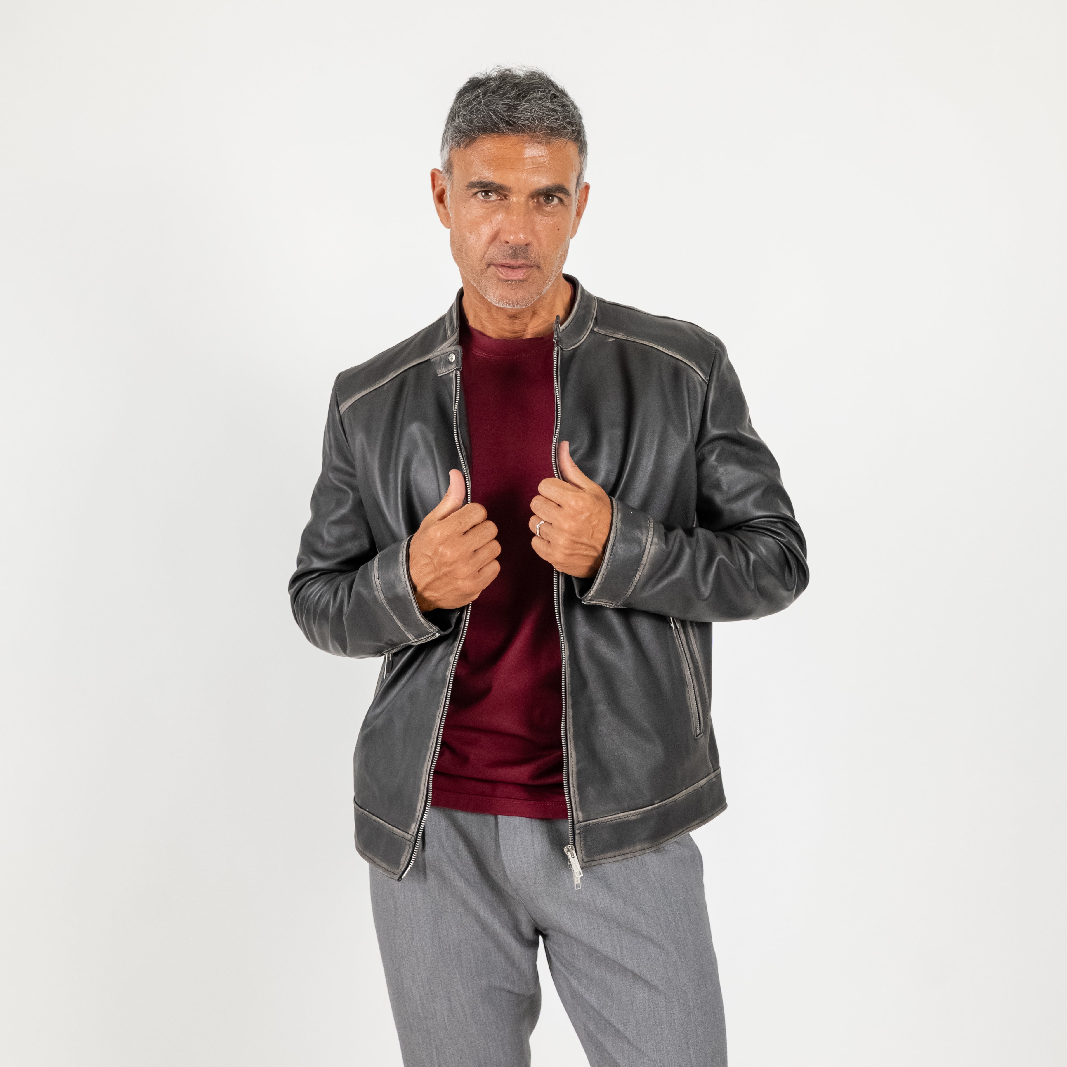 Giacca biker effetto vintage in Vera Pelle - Nero