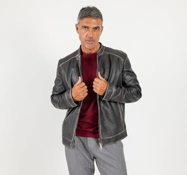 Giacca biker effetto vintage in Vera Pelle - Nero