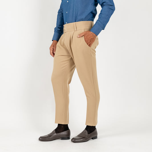 Pantalone con Fascia a Vita Alta e Doppio Bottone - Beige